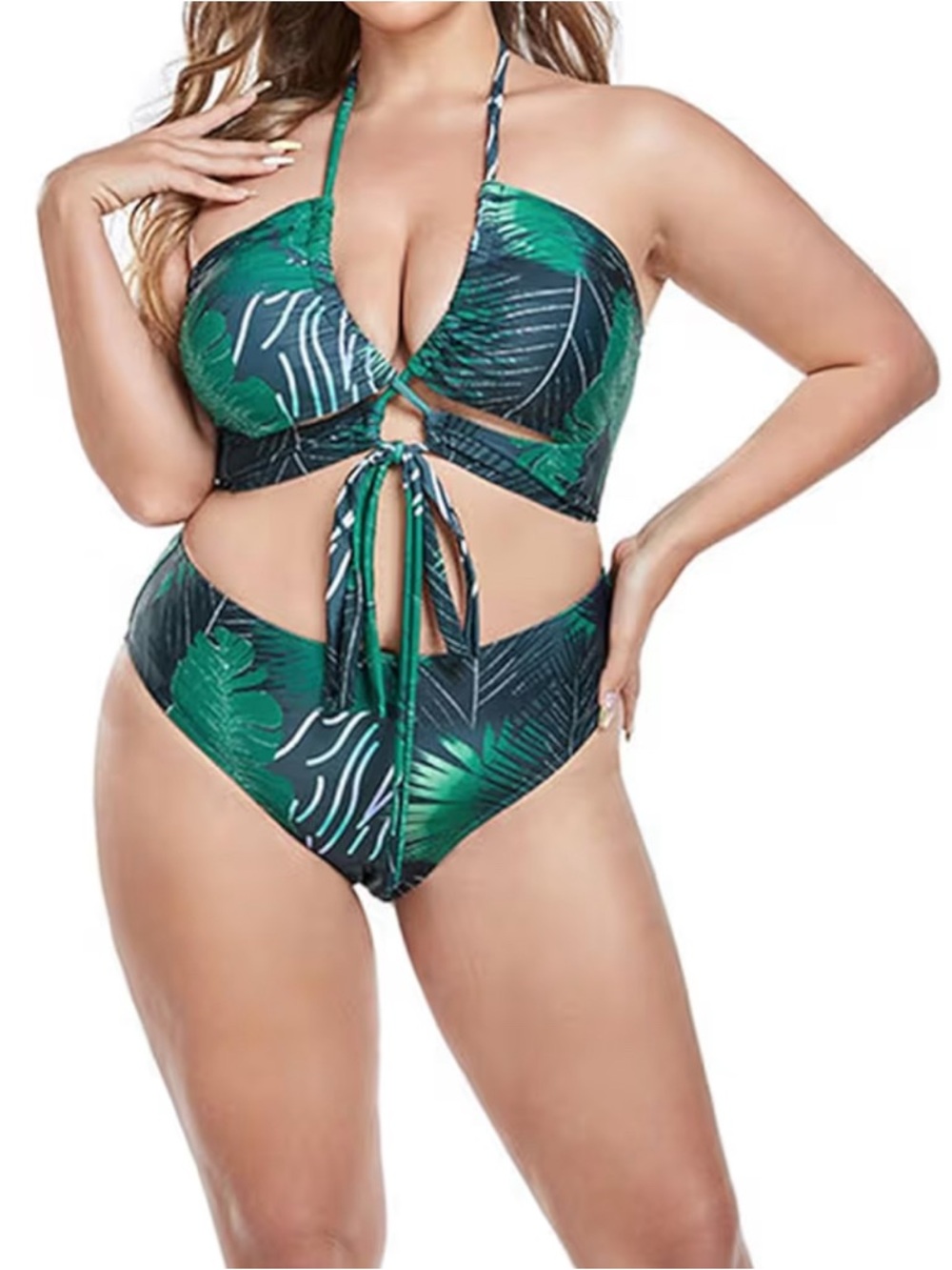 Tropical Leaf Green High-Waist Tie-Front Bikini - Women Swim NWOT